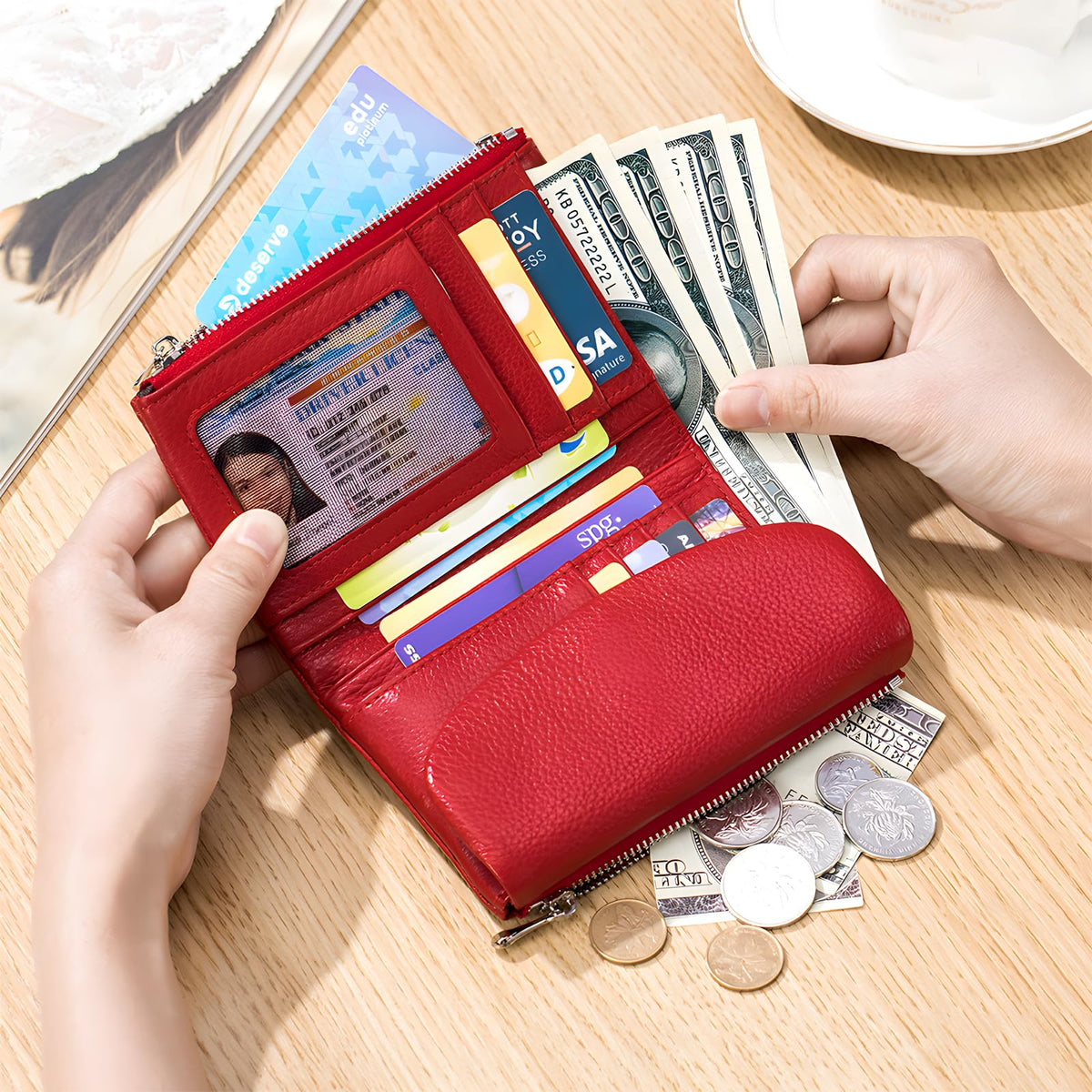 YRounee Genuine Leather Wallet for Women, Slim RFID Clutch with Coin Pocket, Soft Pebble Short Card Holder ID Case 5.3in (Black)