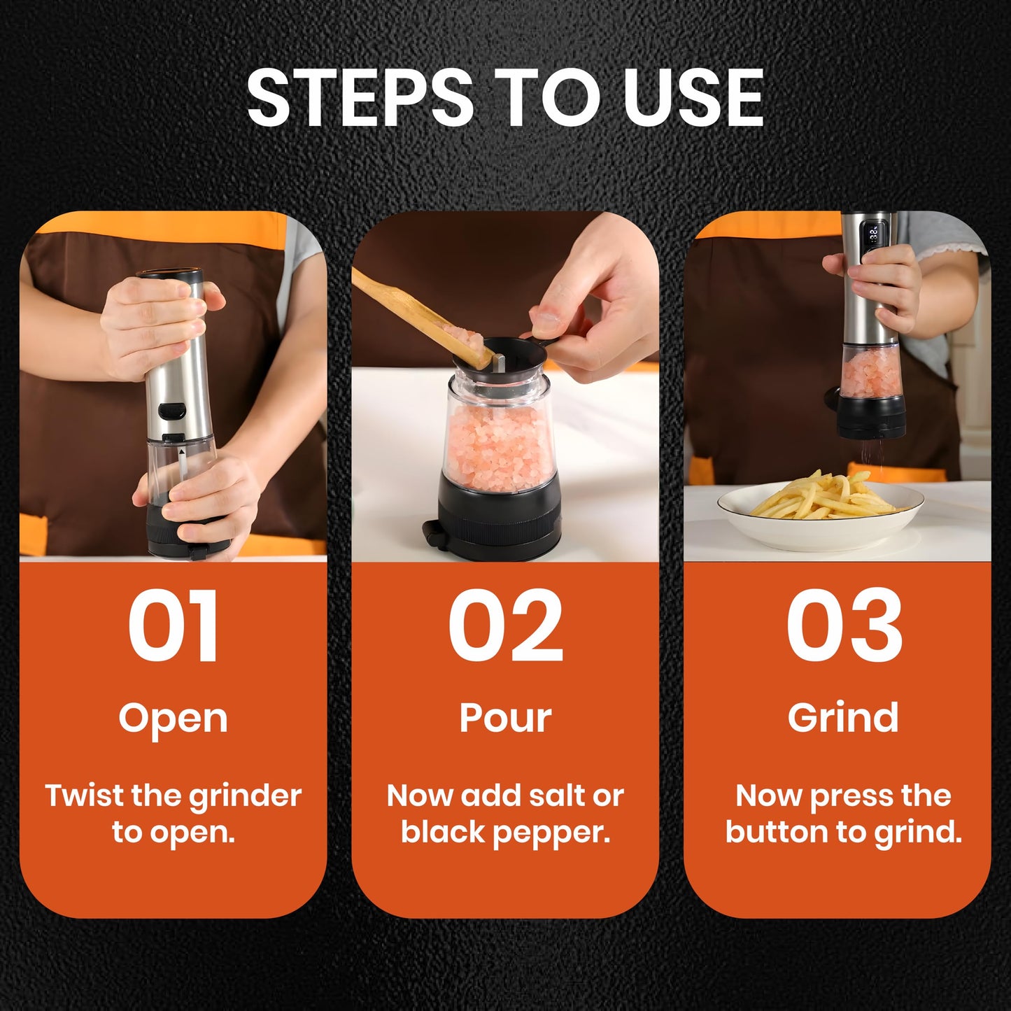 Electric Salt and Pepper Grinder Set, Automatic Rechargeable Salt and Pepper Grinder Set with 5 Adjustable Coarseness, Charging Base, LED Light Electric Salt and Pepper Shakers Set 100mL base (2-Pack)