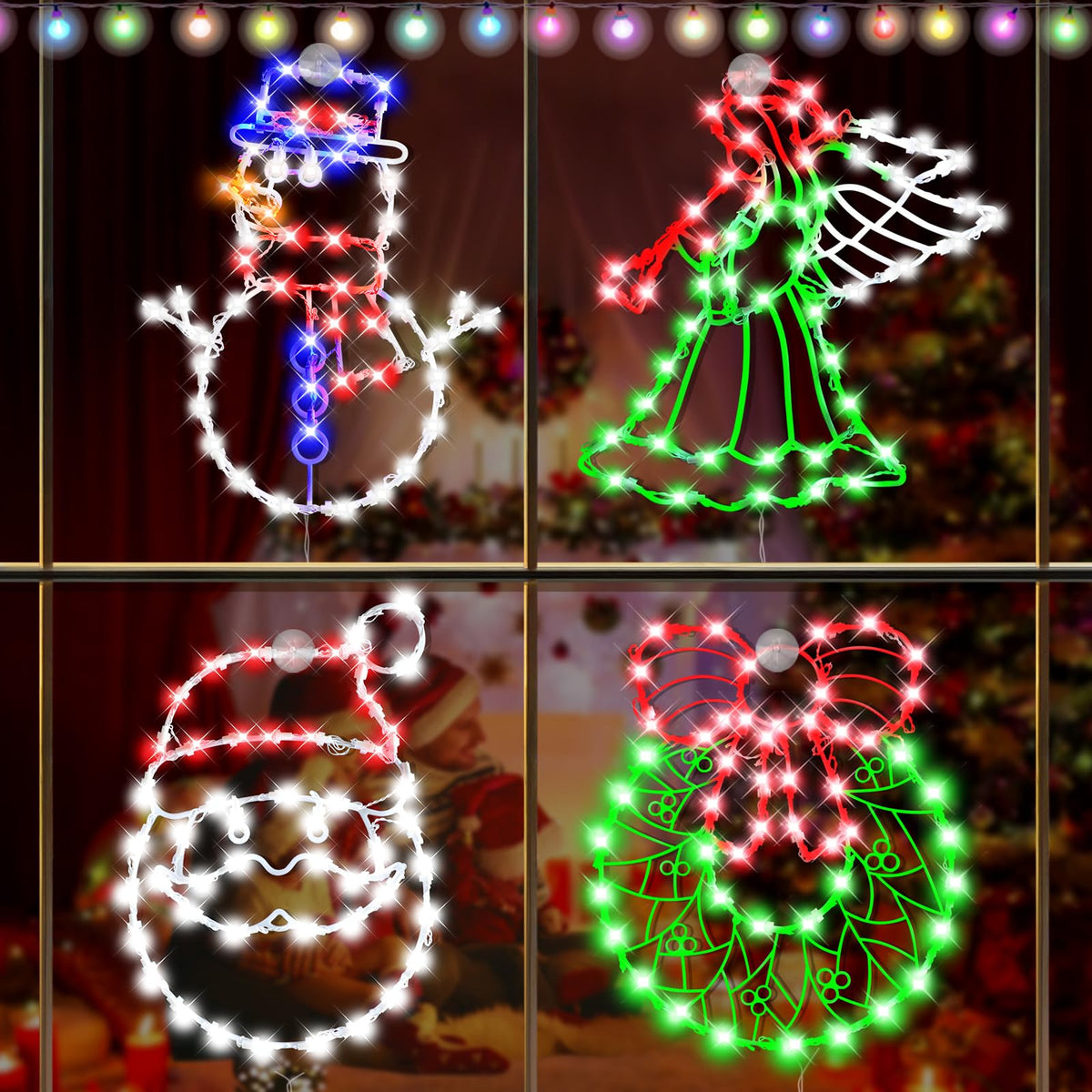4 Pack Christmas Window Silhouette Lights Decorations, Santa Claus, Wreath, Angel, Snow Man Christmas Window Light with Battery Powered for Holiday Wall Door Window Decorations