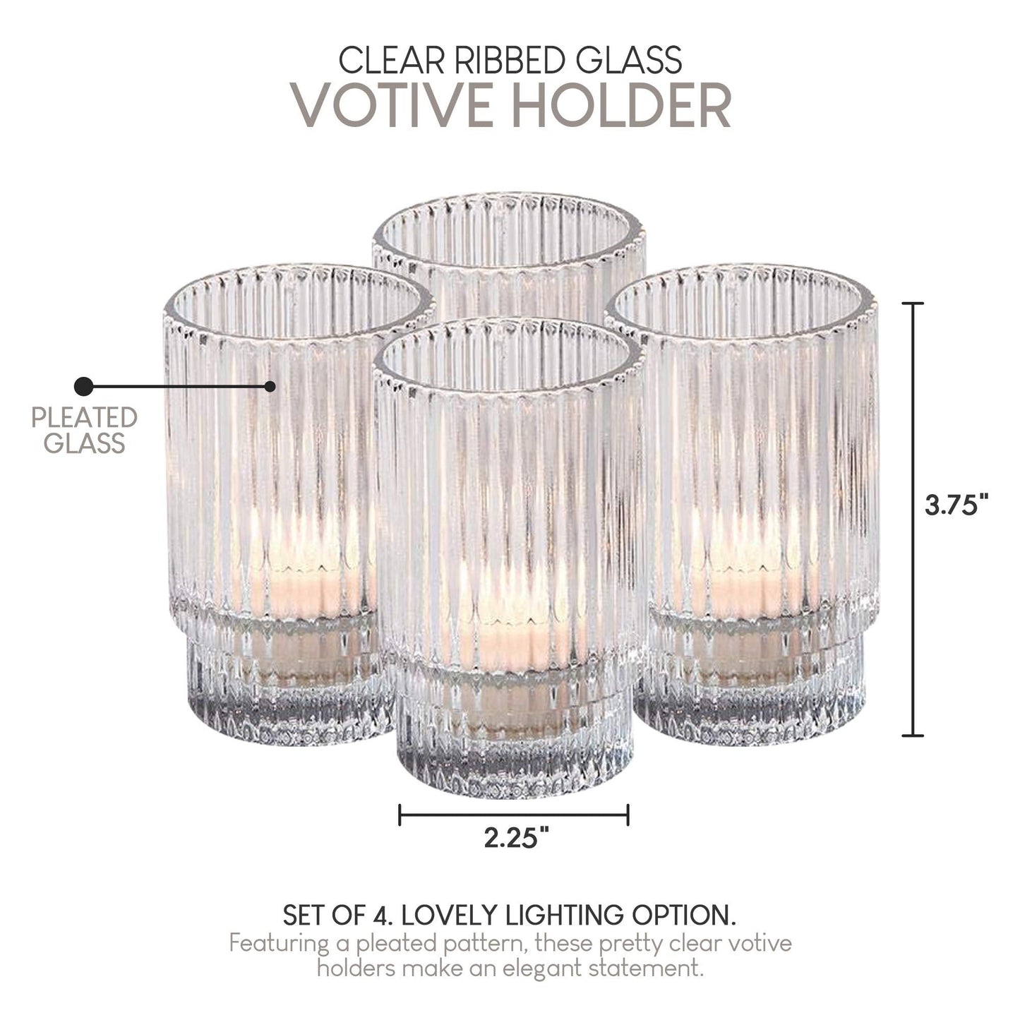 Serene Spaces Living Ribbed Glass Votive Holders – Elegant Pleated Candle Holders for Tea Lights, Votive Candles – Decorative Glass Holders for Home, Weddings, 3.75" Tall and 2.25" Diameter, Set of 4