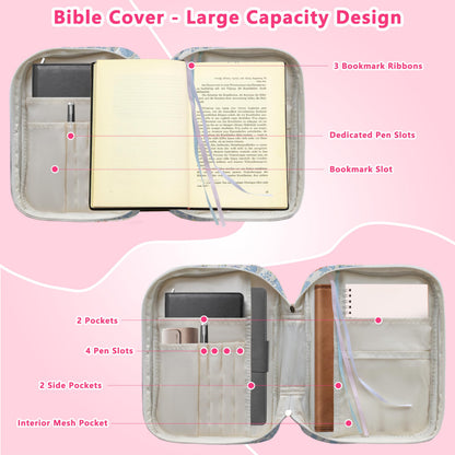 CasaRovela Bible Cover for Women, Large Quilted Case with Handle, Durable Bag and Carrying Case for Girls, Study Supplies Accessories, Christian Gift for Women (Blue Flower, Large)