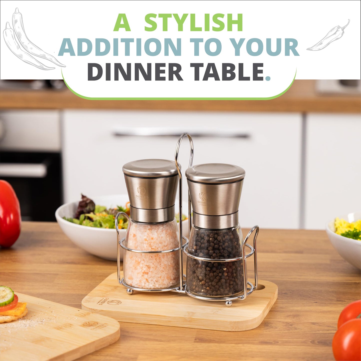 Oliver's Kitchen ® Salt & Pepper Grinder Set - 2X Premium Quality Ceramic Grinders - Easy to Fill & Use - Season to Perfection with Adjustable Coarseness - Large Capacity - Refill Less Often