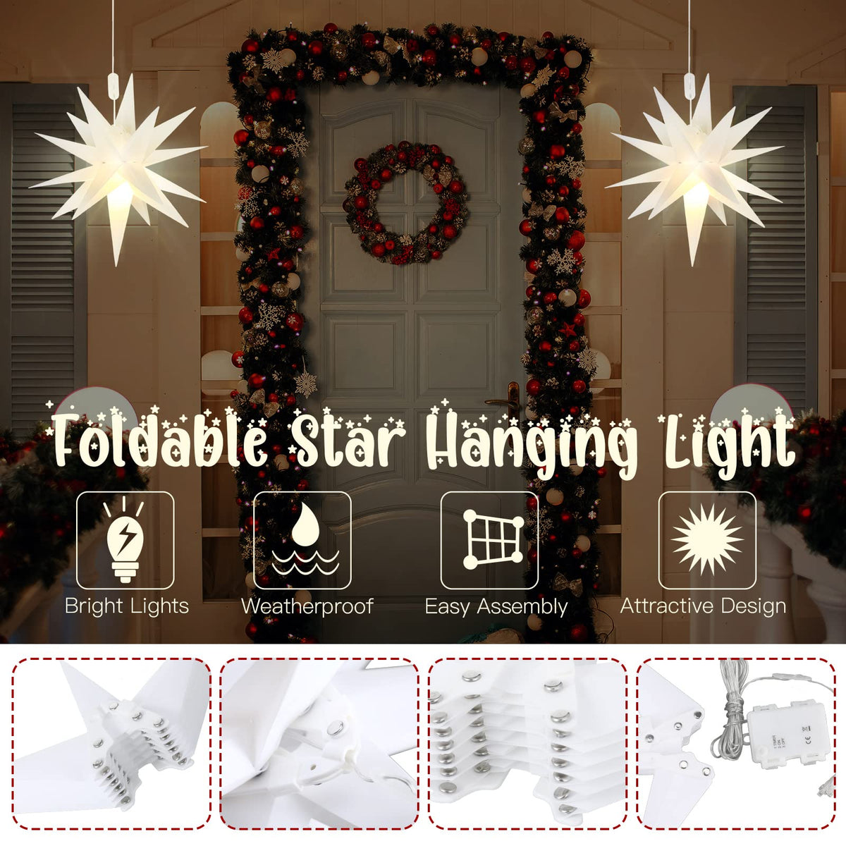 Kingdder 3 Pieces Moravian Star Light LED 3D Star Hanging Light Powered by Battery with Timer Function White Porch Lantern Holiday Decor for Indoor Outdoor Christmas Tree Balcony Courtyard (18 Inch)