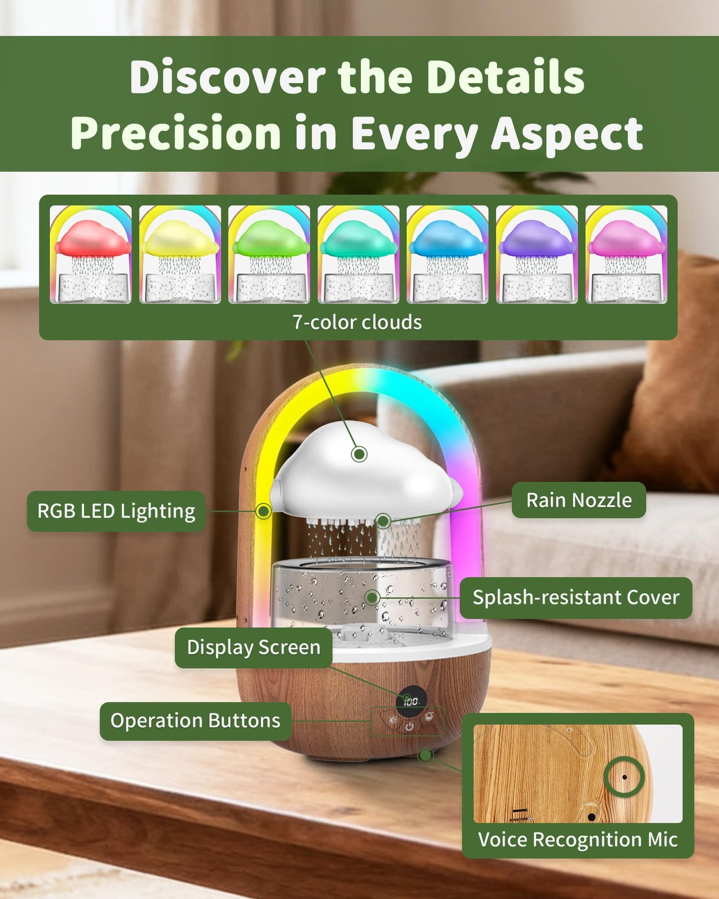 Relaxing Indoor Water Fountain with Gentle Rain Sounds, Weljoy Cloud Rainbow Rain Tabletop Fountain with Color Changing Lights, Wireless Design for Office Desk Meditation (Wood)