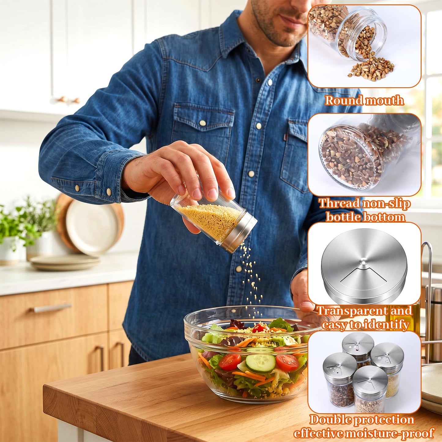 MAQUITA 12 Pcs Glass Salt Shaker with Lid & Seasoning Shakers Set, Adjustable Pour Holes Stainless Steel Spice Dispensers for Kitchen, Restaurant, BBQ, Dining Table, Farmhouse (6 Oz)