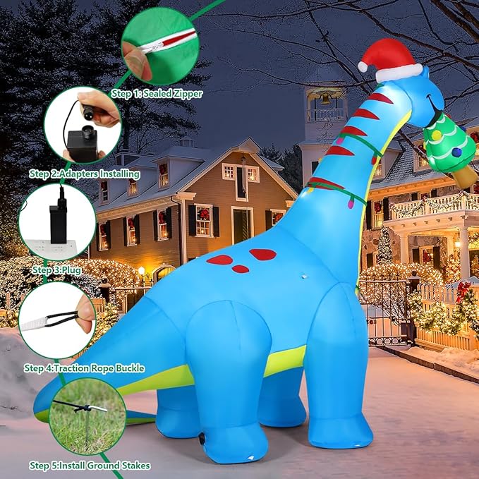 COMIN 10ft Christmas Inflatables Outdoor Decorations, Blow Up Dinosaur Christmas Tree Inflatable with Built-in LEDs for Christmas Indoor Outdoor Yard Lawn Garden Decorations