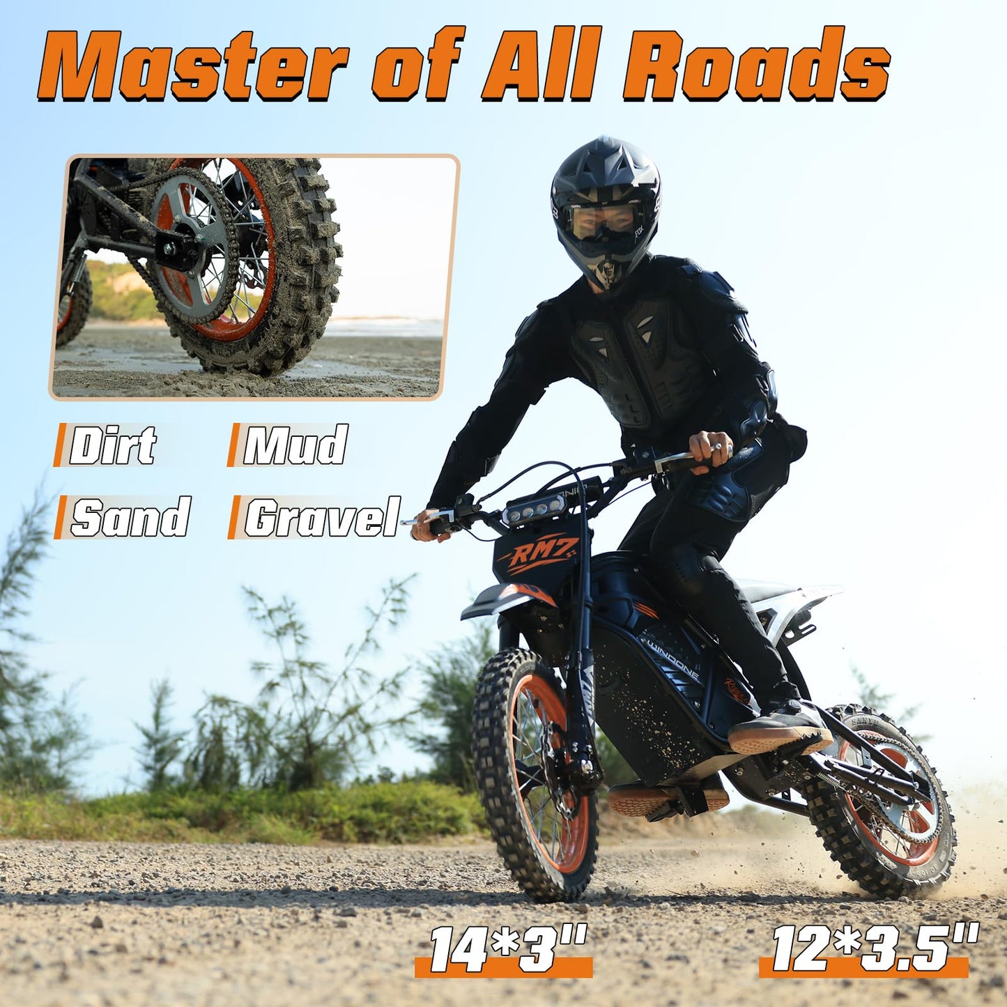 WindoneRide RM7 Electric Dirt Bike for Adults & Teens, 2200W Peak Ebike, 48V 22.5Ah, 37 MPH, 45 Miles, 14"/12" Tire Off-Road Electric Motorcycle, Dual Hydraulic Brakes, Fit Age 13+,Signature Orange