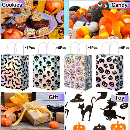 Paterr 24 Pcs Iridescent Halloween Paper Bags Holographic Bat Pumkin Skeletons Pumpkins Spider Webs Trick or Treat Reusable Gift Bags for Halloween Party Supplies Favors(Classic Patterns)