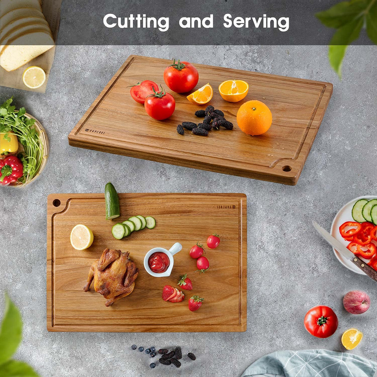 Extra Large Acacia Wood Cutting Board 20 x 14 Inch - Caperci Better Kitchen Chopping Board with Juice Groove & Handle Hole for Meat (Butcher Block) Vegetables and Cheese