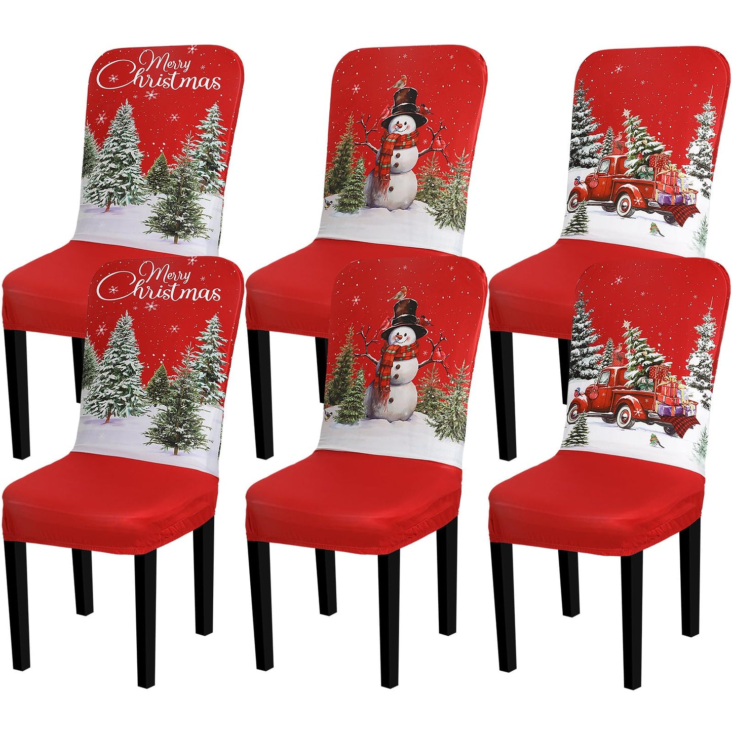 Preboun 6 Pcs Christmas Chair Covers Set Removable Washable Stretch Dining Room Slipcovers Parson Chair Protector for Christmas Home Ceremony Party Decoration, 3 Style(Classical,Red)