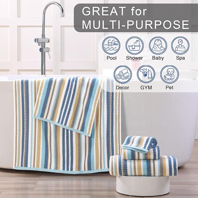 Striped Towels Set, 1 Bath 28"x52", 1 Hand 16"x27", 1 Face 13"x13", Luxury Bath