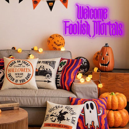 Welcome Foolish Mortals Neon Sign,Dimmable Spooky Gothic Haunted Mansion Decor Coffin LED Neon Signs for Wall Decor,USB Powered Led Neon Light for Party Haunted House Man Cave Birthday Christmas Gifts(16.1*9.4in) (Purple)