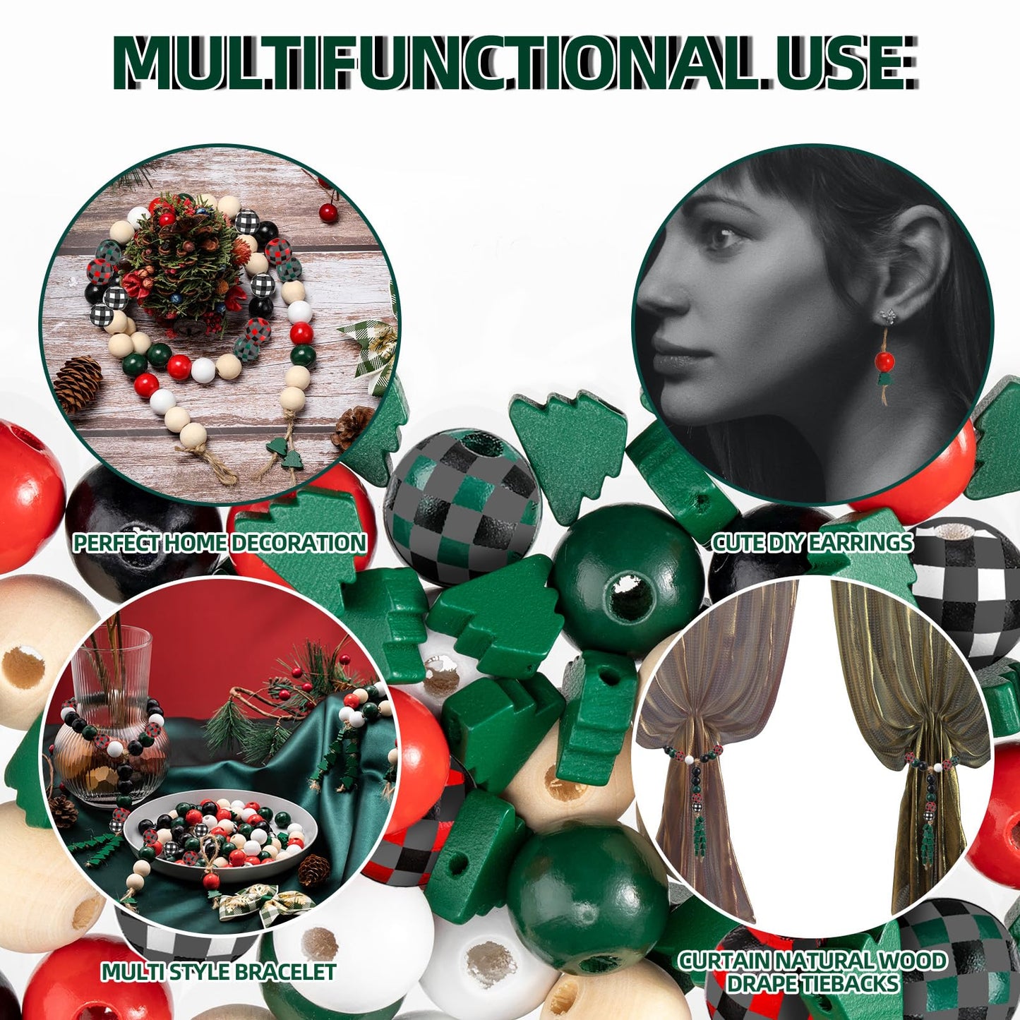 Junkin Christmas Wooden Bead Kit: 201 Pcs - 0.63 Inch Buffalo Plaid & 0.47 Inch Christmas Tree Shaped Beads with 6.6 Feet Natural Cord for DIY Garlands & Jewelry