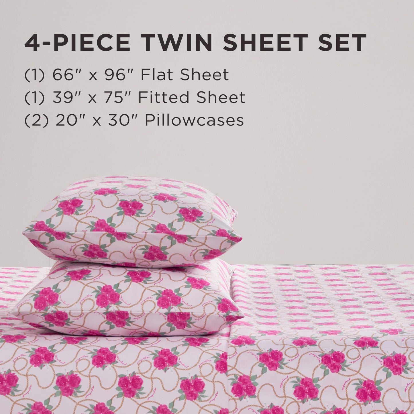 Juicy Couture Printed Microfiber 4-Piece Twin Sheet Set, Bianca Chain Floral Pink