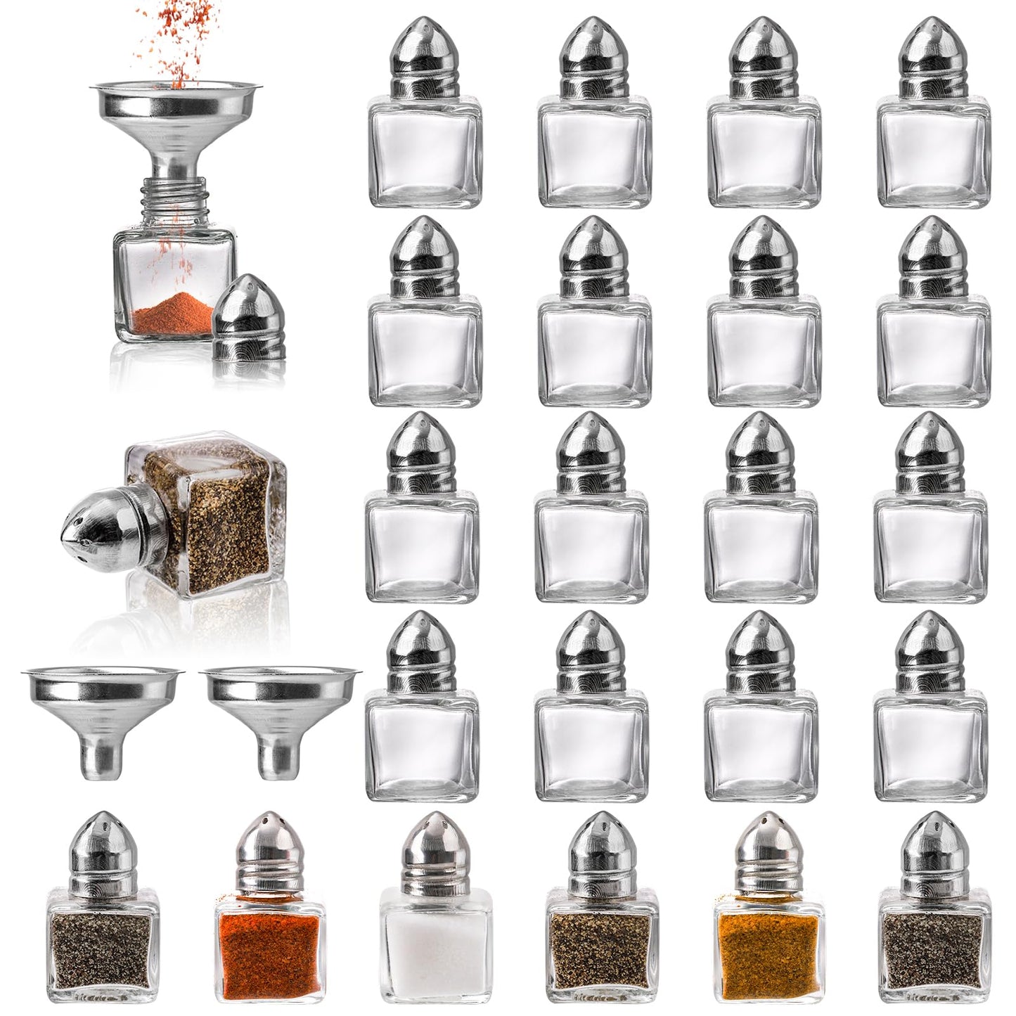 ZEAYEA Set of 24 Small Salt and Pepper Shakers, 0.5 oz Mini Glass Seasoning Jars with Funnel, Glass Cube Body Spice Pepper Pots for Wedding, Party, Restaurant, Home Kitchen Supplies