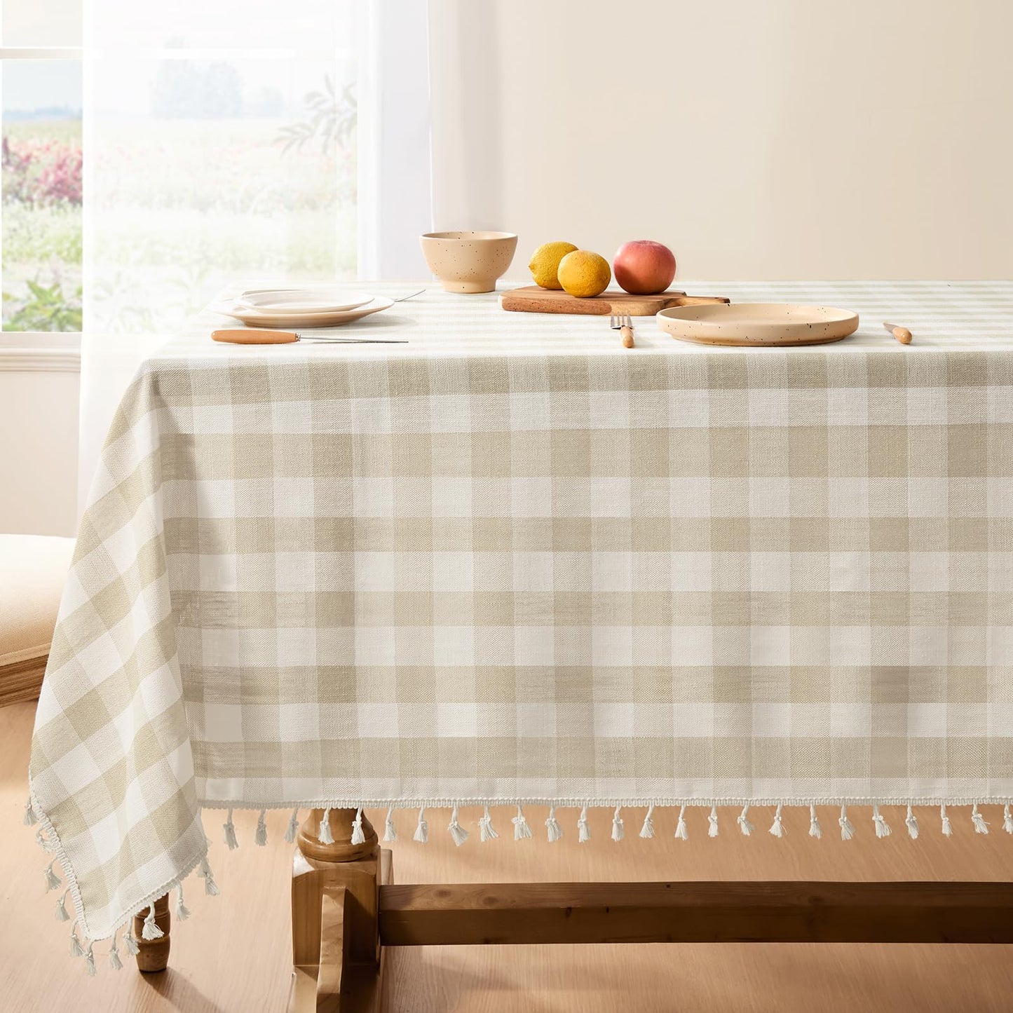 Softalker Checkered Tablecloth Rectangle, Outdoor Linen Cotton Gingham Table Cloth with Tassel, Heavy Duty Wrinkle Free Buffalo Plaid Table Cover for Kitchen Dining Summer Party - 55 x 120 Inch, Beige