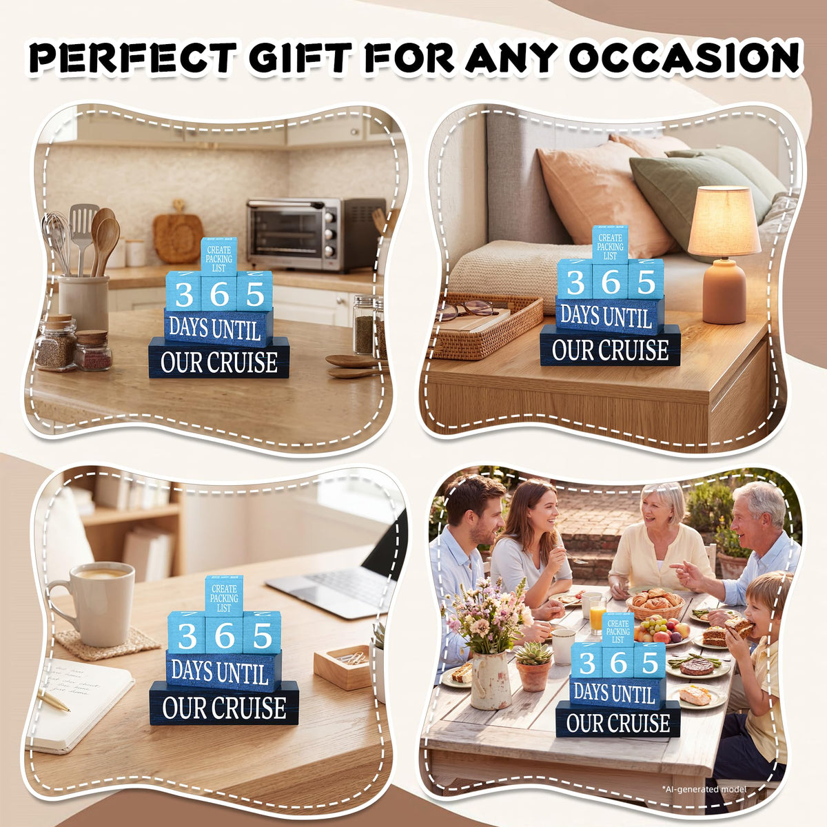 7 Pcs 365 Days Cruise Countdown Wooden Table Decor, Cruise Activities Decision Dice Table Decorations for Home Office