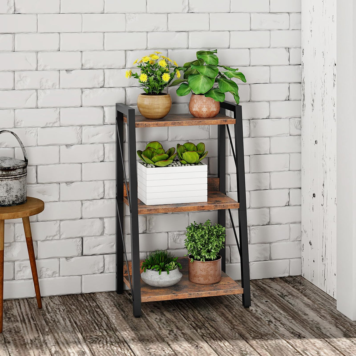 HOOBRO Ladder Shelf, 3-Tier Bookshelf, Corner Bookcase, Small Bookshelf with Metal Frame, for Living Room, Bedroom, Home Office, Kitchen, Rustic Brown and Black BF303CJ01