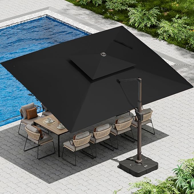 10 X 13 FT Cantilever Patio Umbrella with Led Lights and Base Included Outdoor Heavy Duty Double Top Rectangle Offset Umbrellas with 360-degree Rotation for Pool Deck Backyard, Black