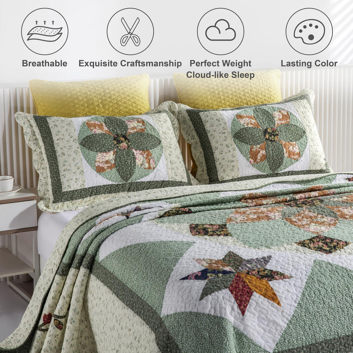 YAYIDAY Quilts Queen Size Patchwork Bedspread Set - 100% Cotton Reversible Breathable Green Earth Geometric Quilted Quilt with Pillow Shams for All Seasons