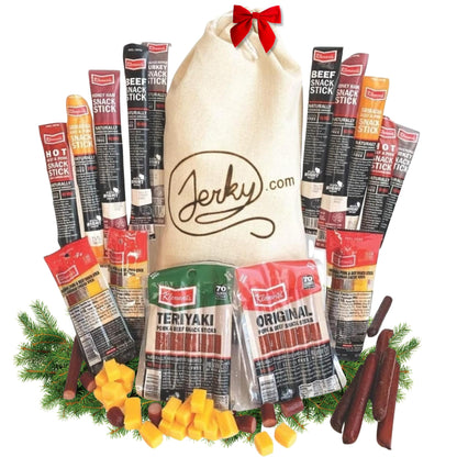 Jerky.com Gift Bag for Men | 26 Piece Meat Sticks Gift Basket with Beef Sticks, Pork, Turkey, Ham & Cheese Sticks | High Protein Snack Variety Pack | Christmas Gifts | Beef Jerky Gifts for Men