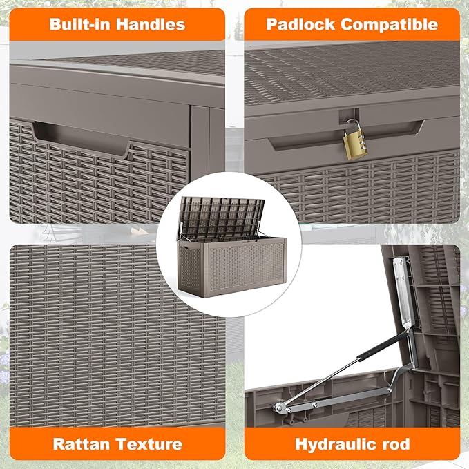 ROJIK Outdoor Storage Housing Deck Box - Waterproof Patio Furniture, Garden Tools, Cushions, Pool Accessories Storage Bench with Lockable Lid and Side Handles (Grey 110 Gal)