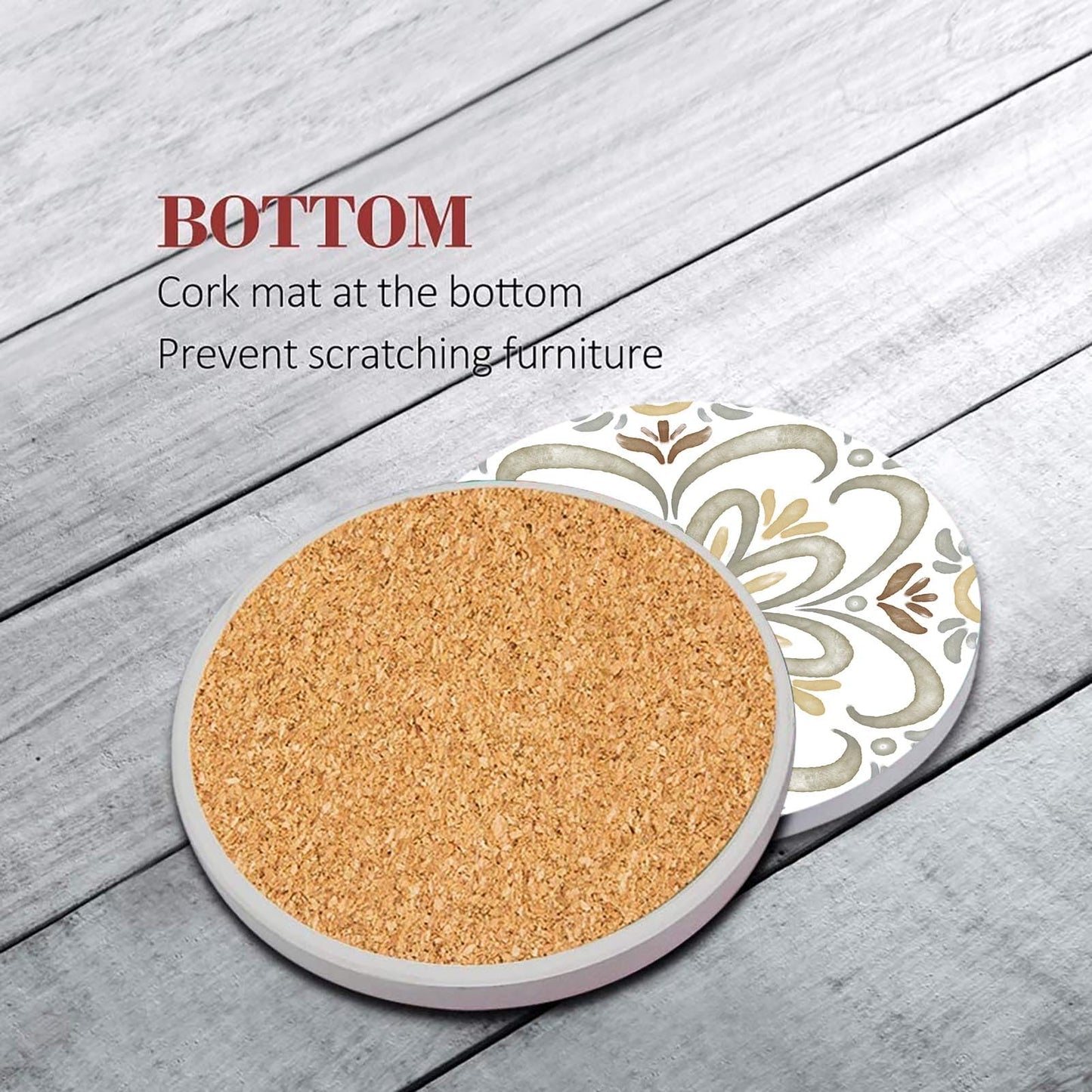 Bribay Coaster for Drinks Set of 6, Ceramic Gray Moroccan Talavera Absorbent Round Ceramic Stone Mat, with Cork Base and Metal Holder, Gift for Housewarming Room Bar Decor