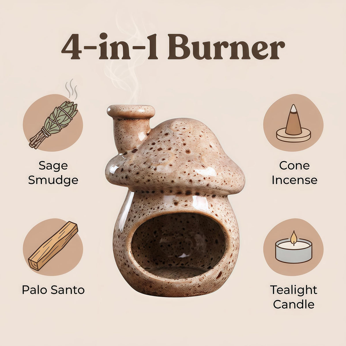 Zynzthos Mushroom Incense Holder, Ceramic Palo Santo Holder – Suitable for Burning Sage & Palo Santo - Mini Chimenea-Style Burner, an Incense Burner for Spiritual Meditation, Yoga or Home Decoration