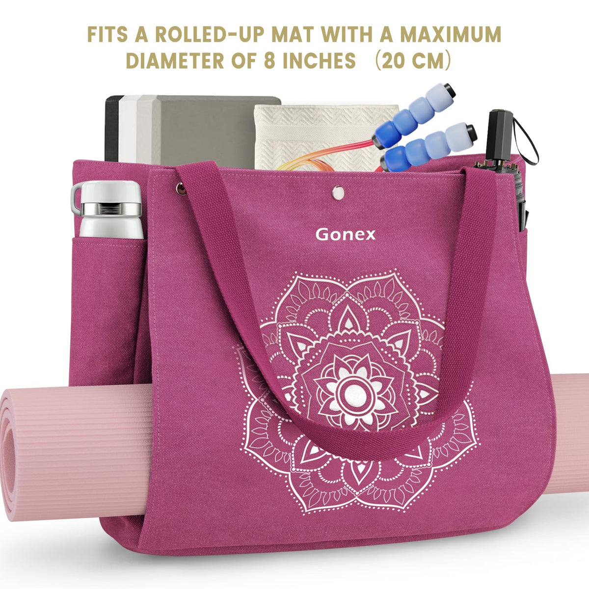 Gonex Yoga Mat Bag, Yoga Gym Bag Tote Bag with Multi Pockets For Women Men, Canvas Yoga Mat Carrier Take in Out Mat Easily For Pilates Travel Workout Office, Rose Red
