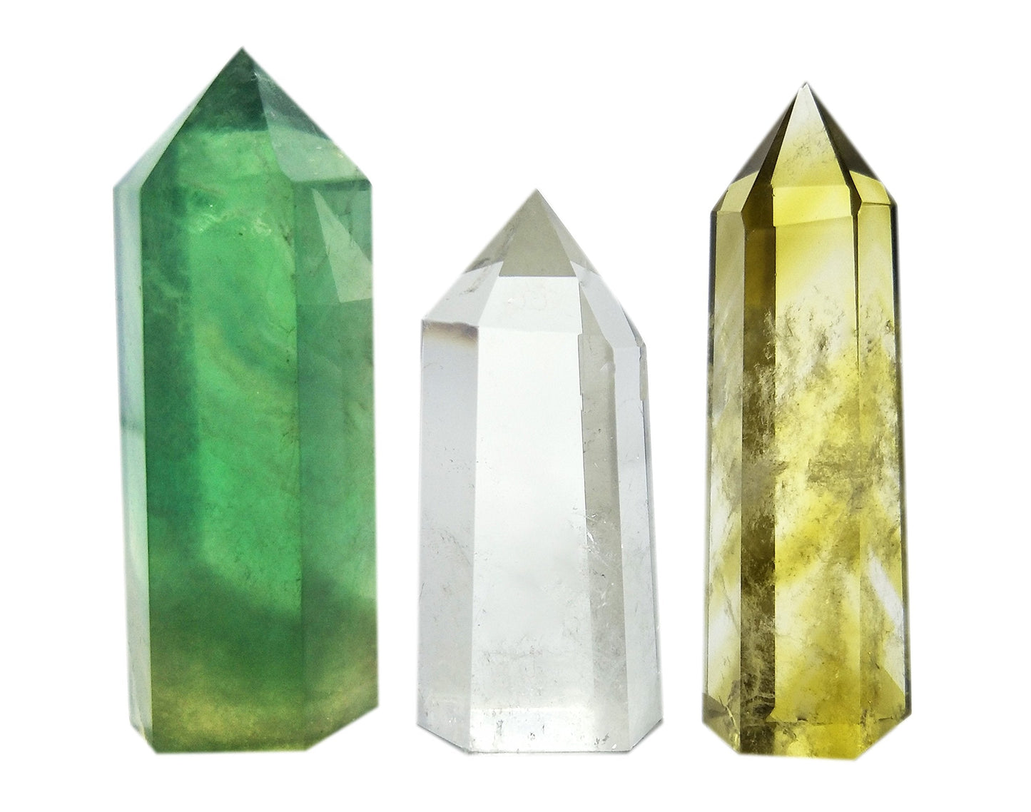 Set of 3 Natural Crystal Wands – Clear Quartz, Citrine (Yellow Quartz) & Fluorite, Faceted & Pointed Energy Wands for Reiki, Chakra Meditation, Crystal Healing, Crystal Decor & Home Décor