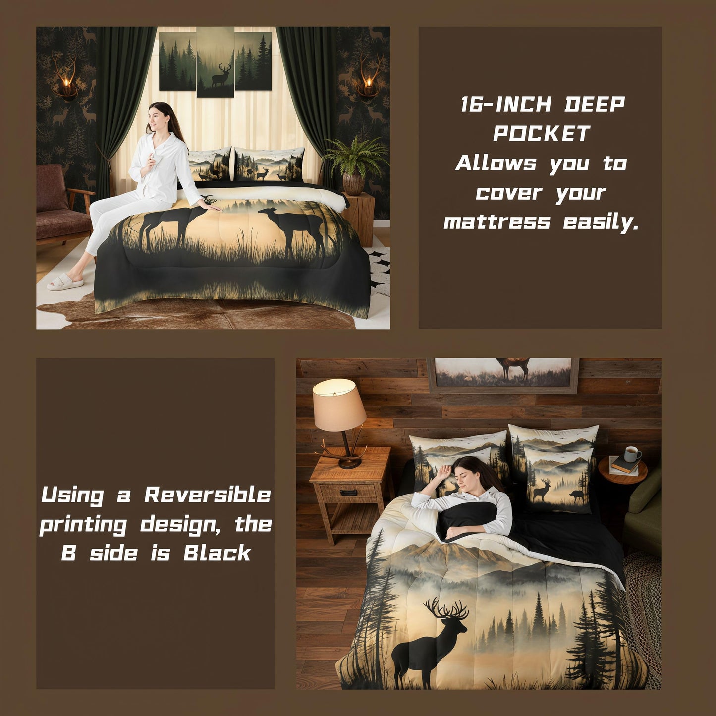 jejeloiu Western Rustic Cute Deer Cabin Comforter Set Queen with Sheets for Kids Boys Girls Hunting 7 Pieces Bedding Set Country Farmhouse Bed in a Bag Foggy Mountain Room Decor