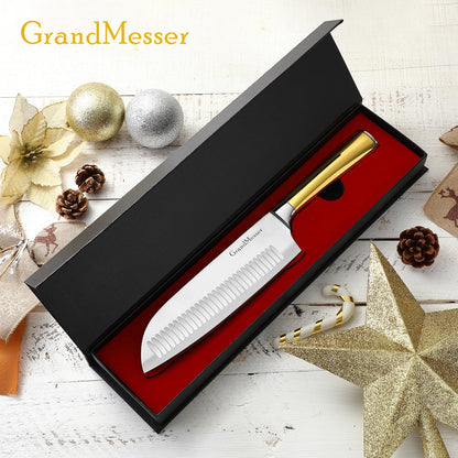 GrandMesser Santoku Knife, Chef's Kitchen Knife 7 Inch, Japanese Steel AUS-10 Chef Knife, with Pure Copper Ergonomic Handle & Gift Box.