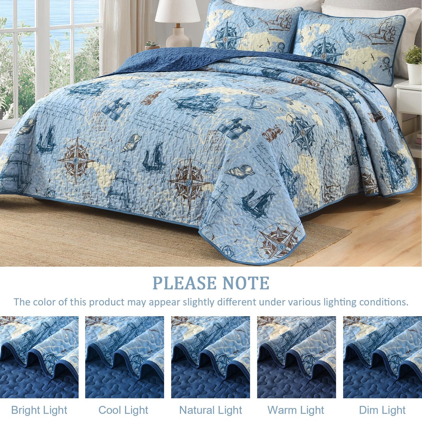DJY Quilt Set King Size Ocean Bedspread Coverlet Set 3 Piece-Soft Lightweight Microfiber Nautical Beach Coastal Bedding Set for All Seasons 110"x90" (Include 1 Quilt, 2 Pillowcases)