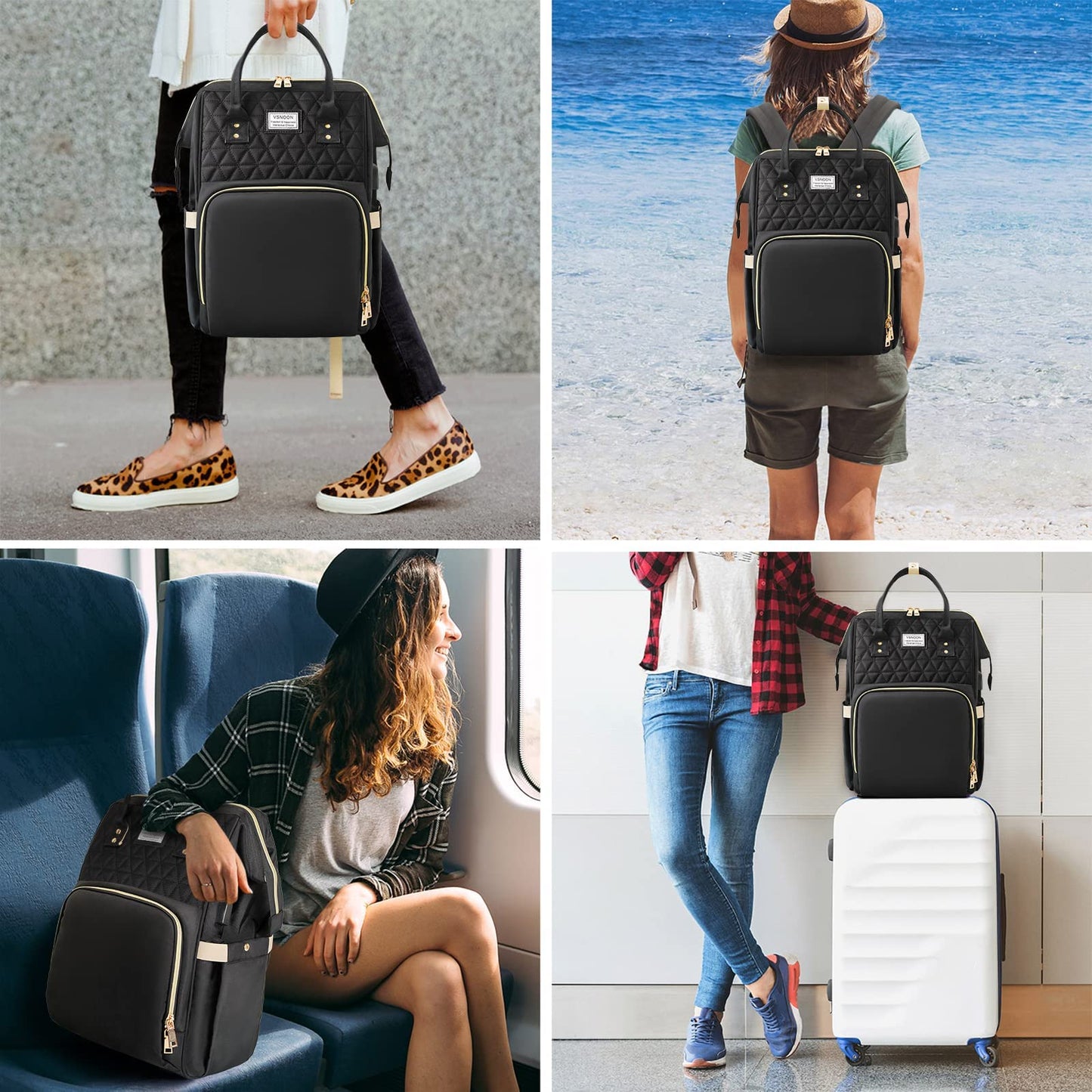 VSNOON Laptop Backpack for Women,15.6 Inch Stylish Laptop Rucksack Wide Open, Travel Backpack with USB Charging Port, Water Resistant Work Bag Computer Backpack for Women, Black