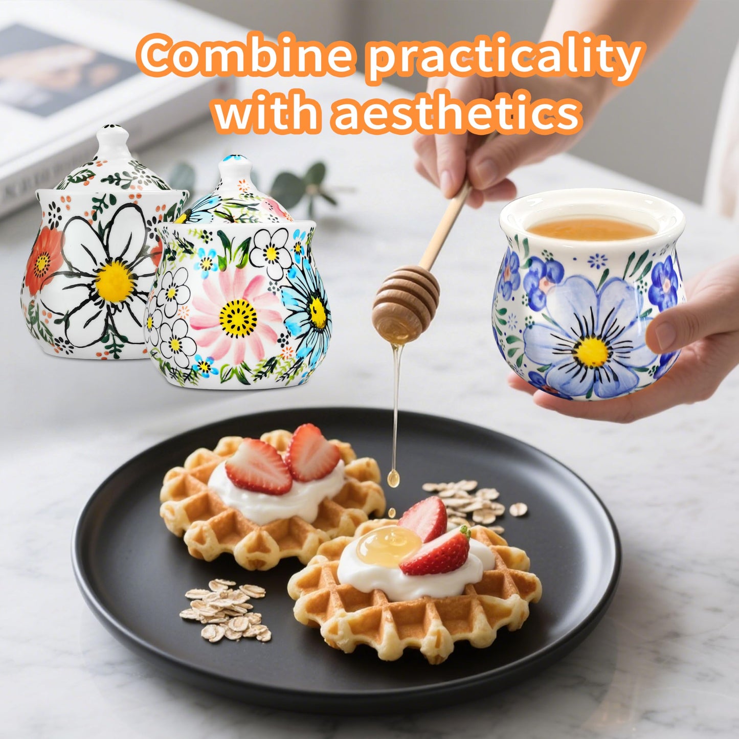 JUSONEY Ceramic Honey Pot with Dipper and Lid,10oz Handpainted Honey Dispenser with Flowers,No drip, Honey Jar Easy Clean(B)