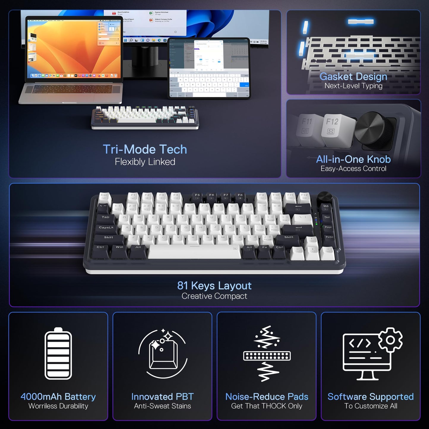 Redragon K673 PRO 75% Wireless Gasket RGB Gaming Keyboard, 3-Modes 81 Keys Compact Mechanical Keyboard Hot-Swap Socket, Dedicated Knob Control and Sound Absorbing Pads, Linear Red Switch