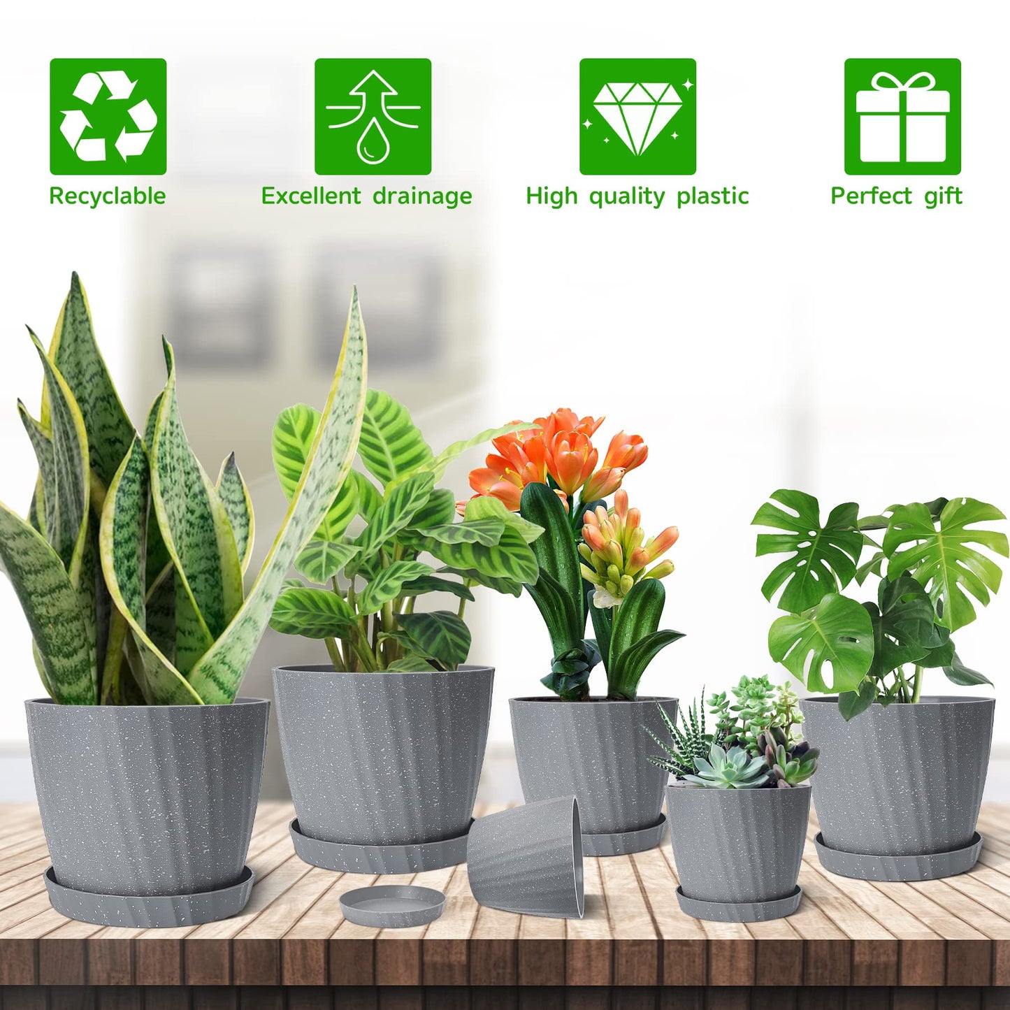 Plant Pots Indoor, 6Pack Plastic Plant Pots 19/17.5/16.5/15.5/14/11.5cm, Flower Pots Outdoor Self Watering Indoor Plant Pot with Drainage Holes and Tray, Plastic Planter for Garden House Plants(Grey)