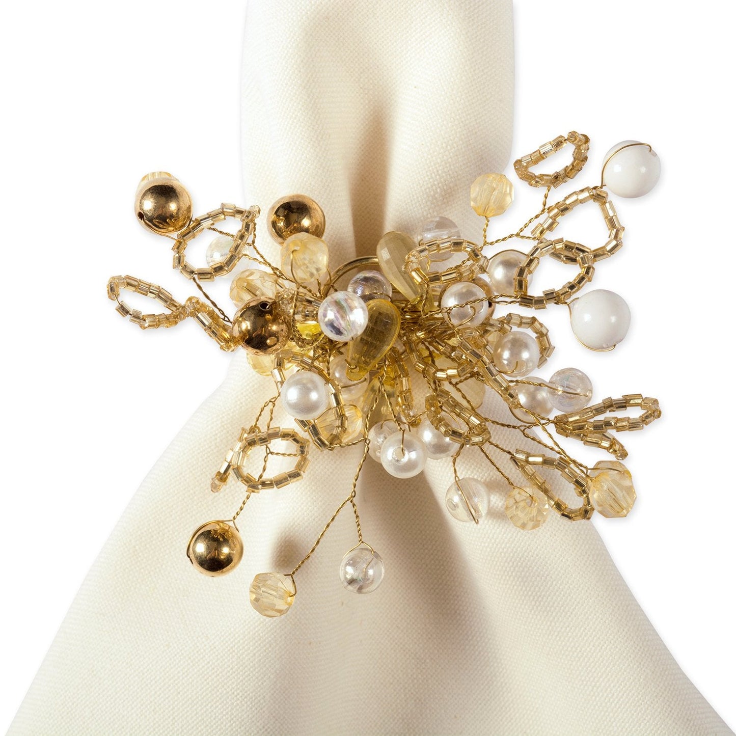 DII Christmas Thanksgiving Holiday Tabletop Décor Collection Decorative Napkin Ring Holder Set, 4" Diameter, Gold Beaded Cluster, 6 Piece