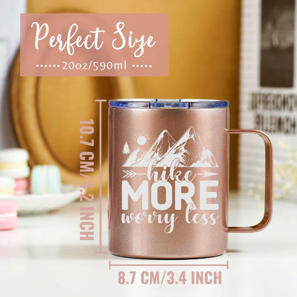 Onebttl Hiking Gifts for Hikers, Women for Christmas, Birthday, 12oz Stainless Steel Mug with Lid - Hike More Worry Less