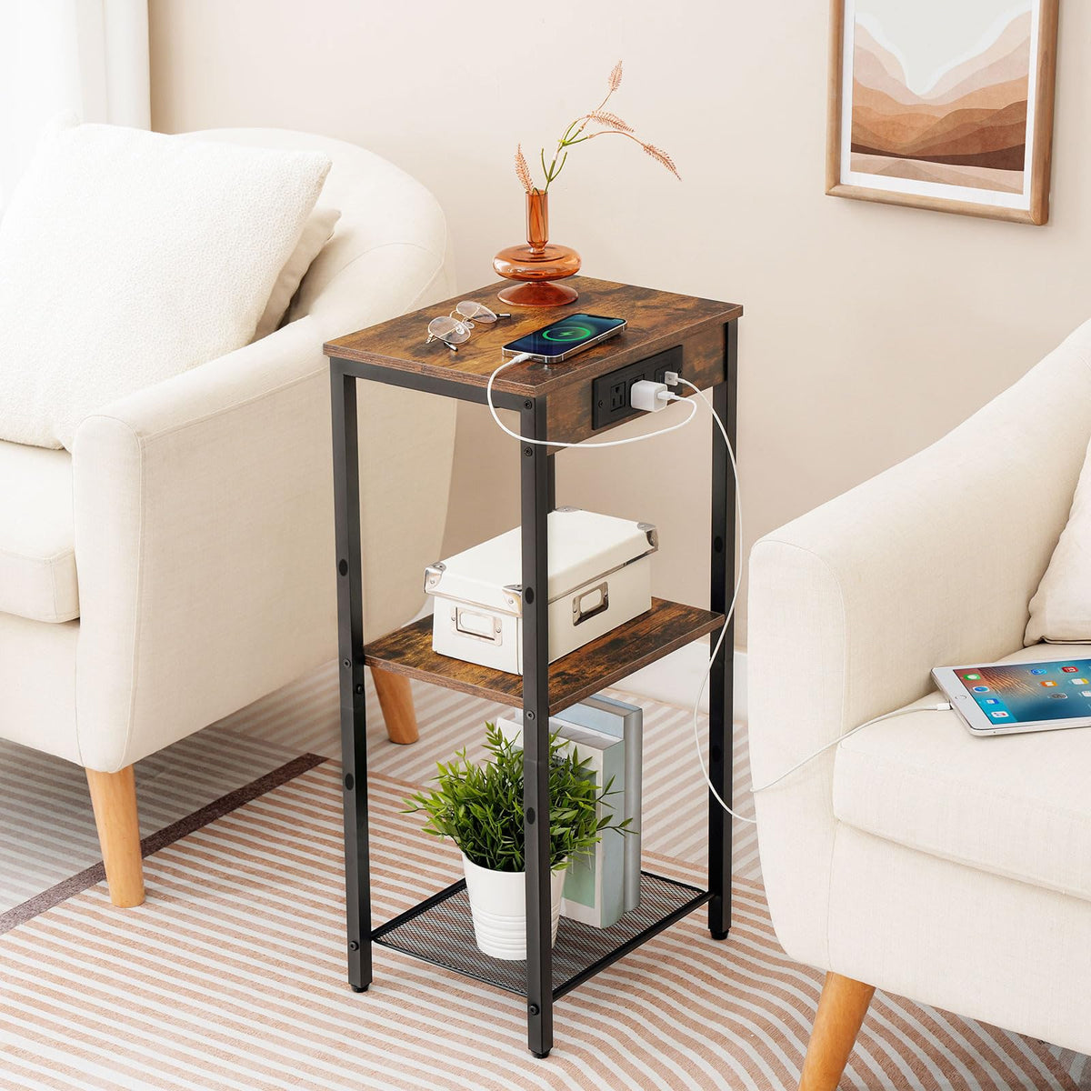 HOOBRO Tall End Table with Charging Station, 30 Inch Slim Tall Nightstand, 3-Tier Narrow Side Table with Adjustable Shelf, for Living Room, Bedroom, Small Space, Hallway, Rustic Brown BF09UDH01G1