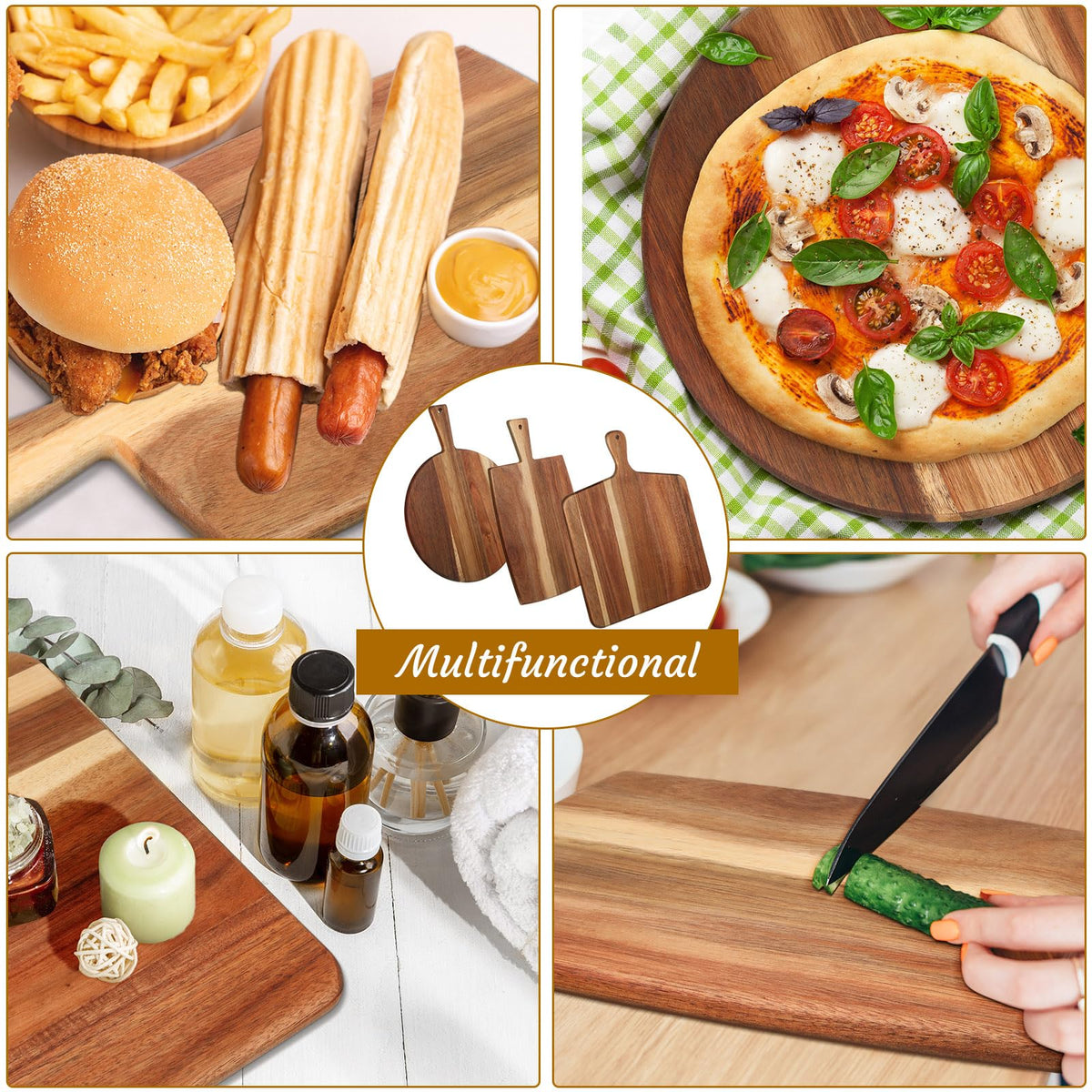 Zhehao 3 Pcs Acacia Wood Cutting Board Set with Handle for Charcuterie Cheese Chopping Serving Board Meat Bread Chopping Board Vegetables Fruit Kitchen Dining Room Decorative Wooden