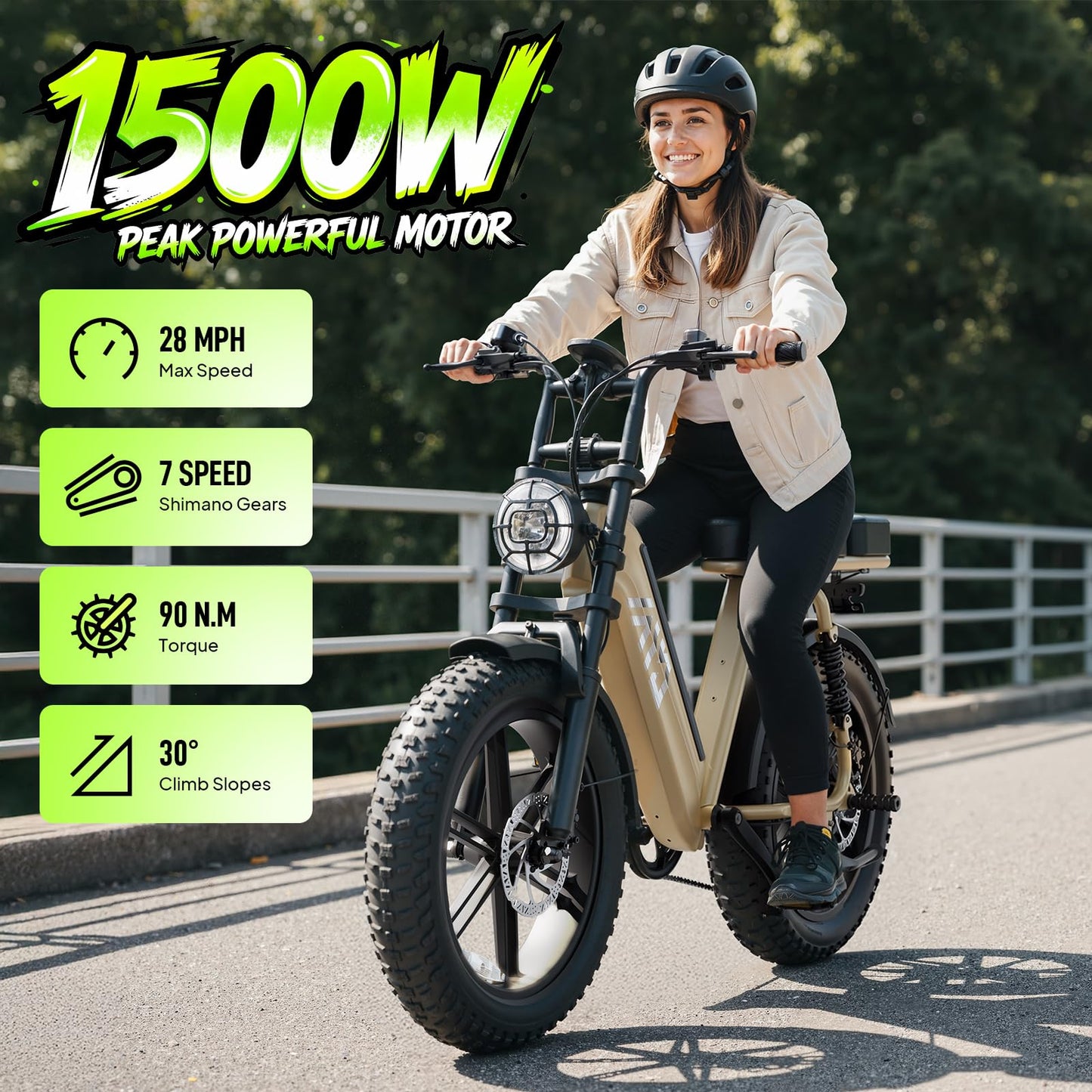 TST Electric Bike for Adults, 1500W Peak Motor Ebike with 48V 15Ah Battery, 60 Miles Range Electric Bike, 20" Fat Tire E Bike with Rear Seat, 7 Speeds（Yellow