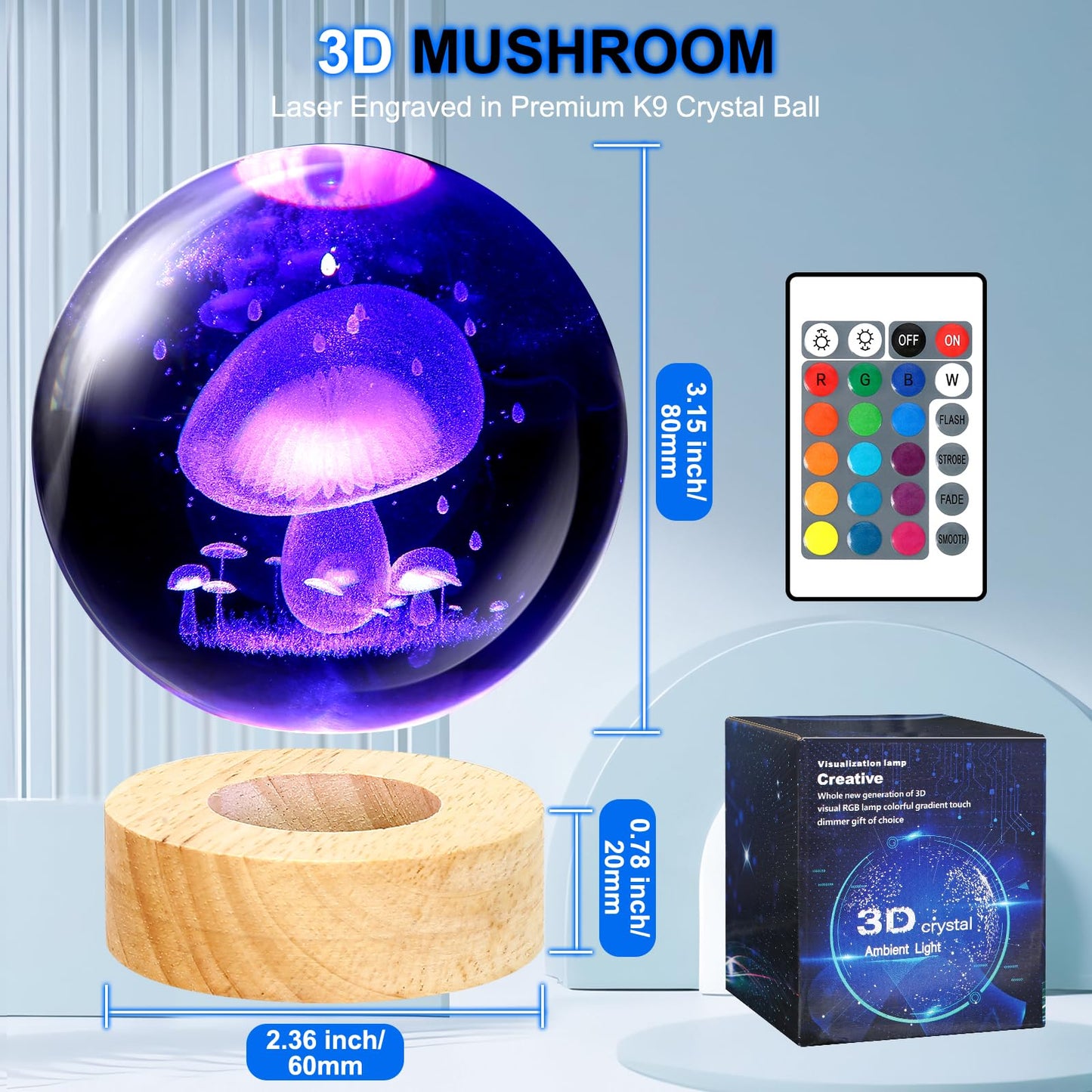 Kocasall Mushroom Lamp,3.15 inch 3D K9 Crystal Ball Mushroom Night Light with Wooden Base,16 Colors Change,Remote Control,Color Box,Birthday Christmas Gift
