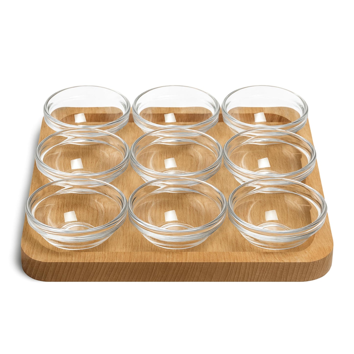 JO! Small Glass Bowls Set with Wooden Serving Tray - Set of 9 Mini Glass Dipping Bowls (1 oz) with Charcuterie Board - Ideal for Party, Snacks and Condiment - Dishwasher & Microwave Safe