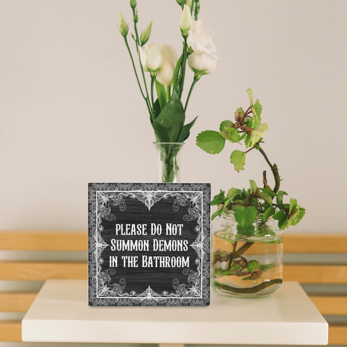 FHUGX Funny Gothic Bathroom Wooden Box Sign,Gothic Halloween Box Sign,Please Do Not Summon Demons In The Bathroom Sign For Home Barthroom Toilet Restroom Decor,Halloween Gothic Bathroom Decor,5x5 Inch
