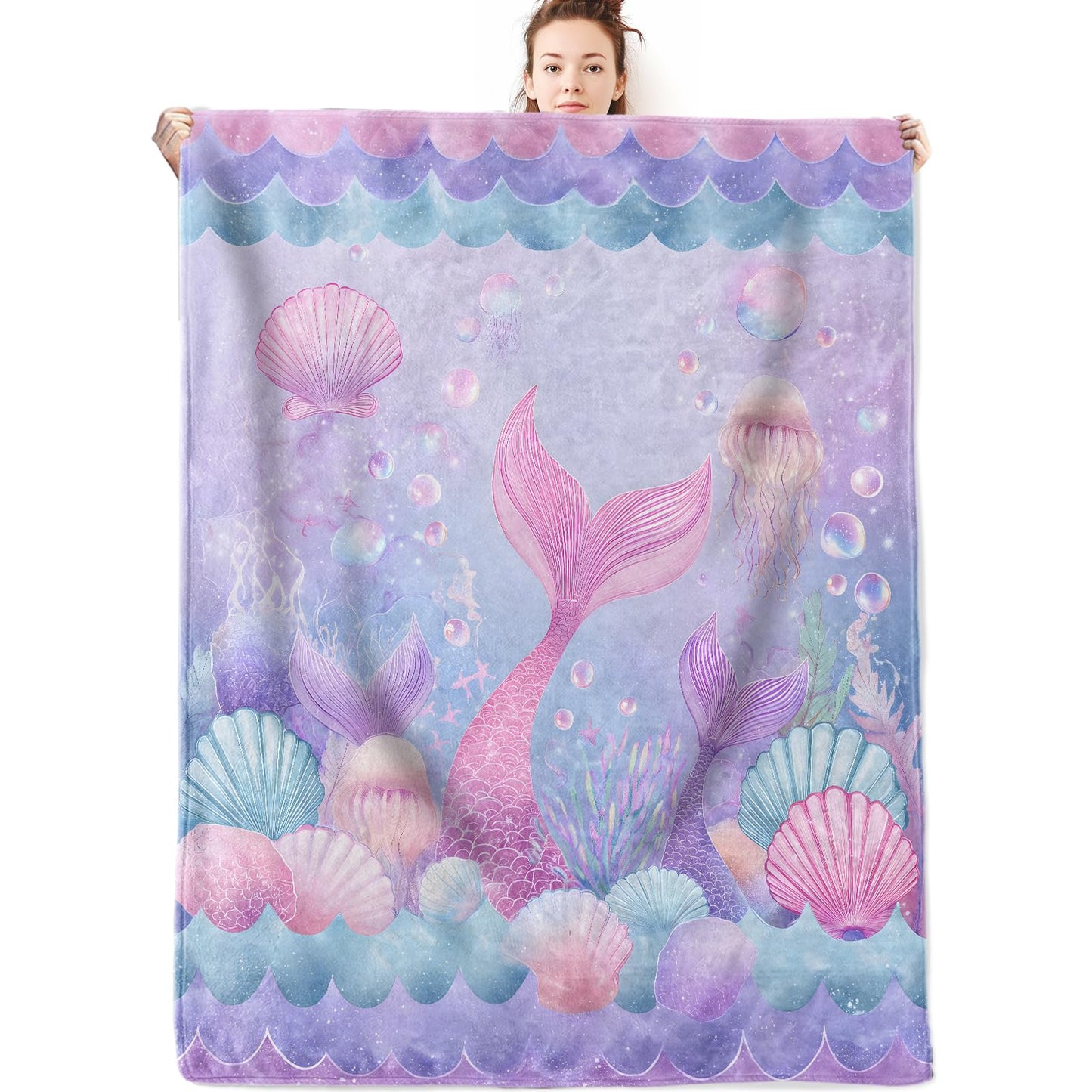 olpddz Mermaid Tail Flannel Blanket Gifts for Girls Fairy Dreamy Lover,60x50inch,Fantasy Ocean Throw Blankets with Seashell and Jellyfish,for Bedroom,Sofa,Living Room,Camping Decor Throws
