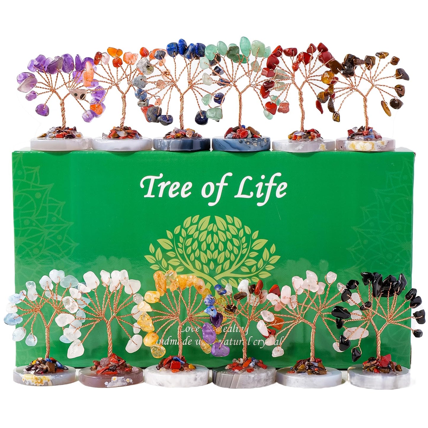 Runyangshi 12pcs Crystal Tree Set Tree of Life Natural Crystal Healing Stones with Agate Base Gemstone Trees Fengshui Good Luck Positive Energy Home Decor