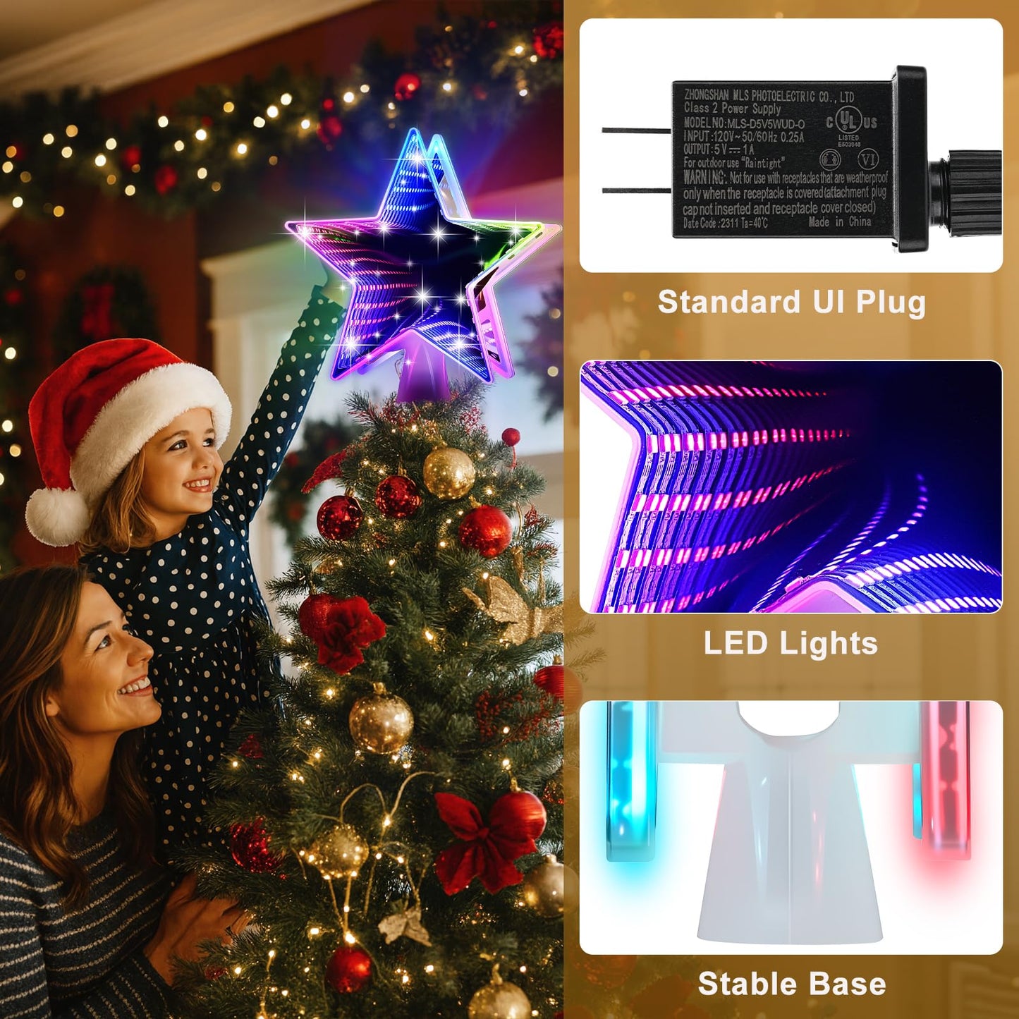 Patiobay Christmas Tree Topper Star, Double Sided Tunnel Mirror 10 Inch 12 Lighting Modes, Built-in 6 Projected Patterns, 3D Glitter LED Rotating Lights for Party Holiday Xmas Decorations Gifts
