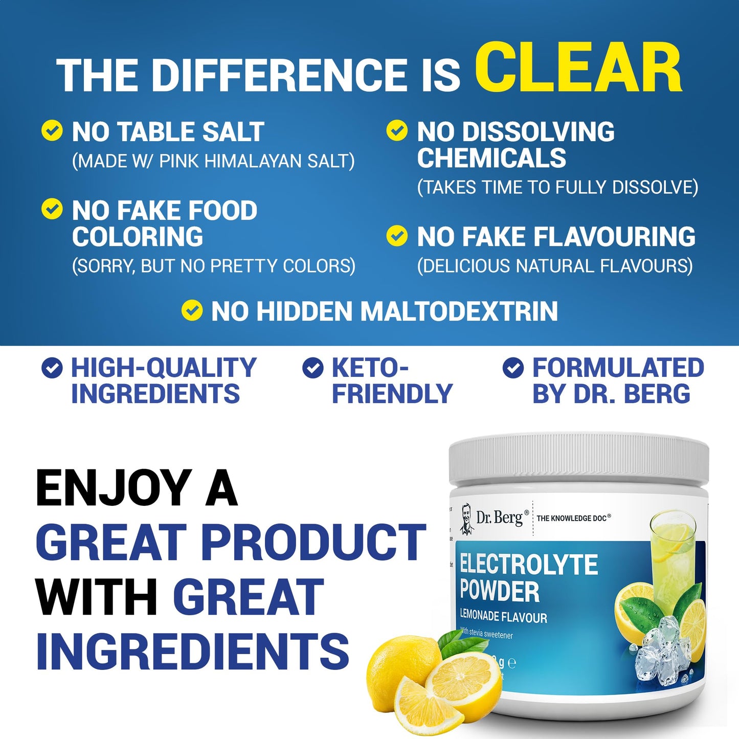 Dr. Berg Zero Sugar Hydration Keto Electrolyte Powder - Enhanced w/ 1000 mg of Potassium & Real Pink Himalayan Salt (NOT Table Salt) - Lemonade Flavor Hydration Drink Supplement - 50 Servings