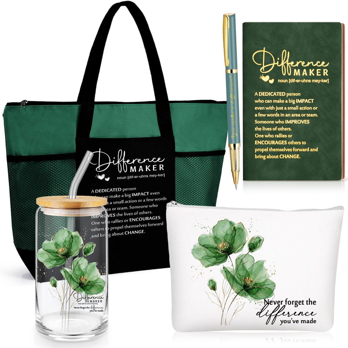 Meanplan 5 Pcs Difference Maker Gifts for Women Employee Appreciation Journal Tumbler Tote Bag Makeup Bag You Make a Difference Pen for Volunteer Nurse Coworker Lab Week Mother Day(Green,Flowers)